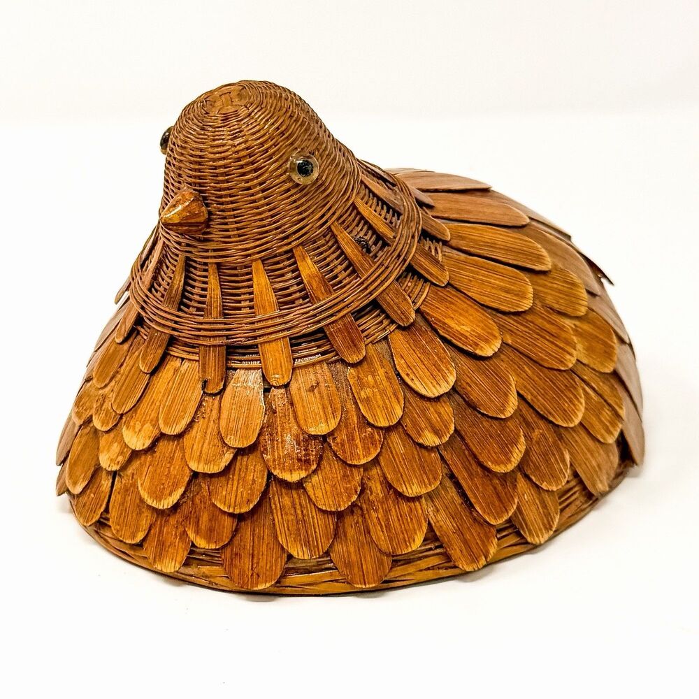 Vintage 1970s Zhejiang Handicrafts Wicker Hen Chicken Basket Lidded Box China